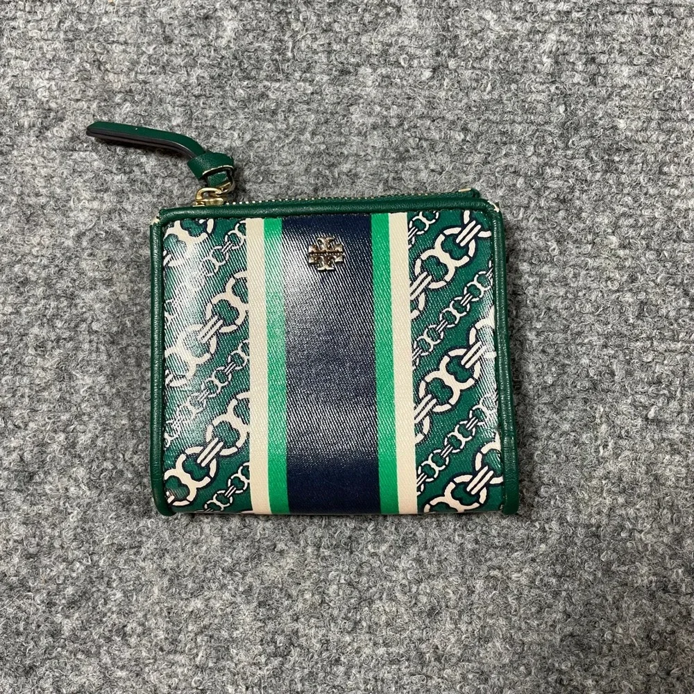 Tory Burch Gemini Link Bifold Wallet Womens Small Green Navy Striped Leather